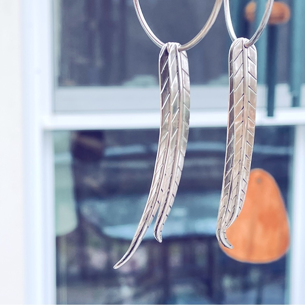 Sterling feather hoop, earrings